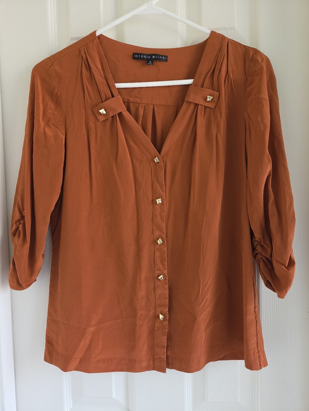 Antonio‎ Melani 100% Silk Blouse Burnt Orange Studded Button Front Top Size S